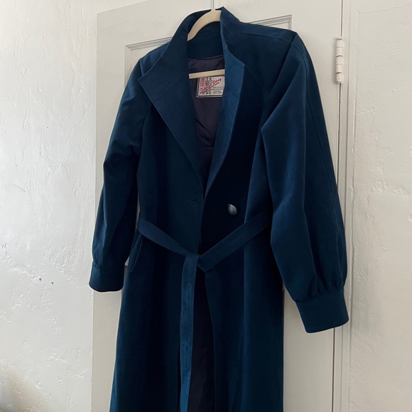 Vintage Hong Kong dark teal blue microsuede long wrap coat trench coat Medium - Picture 3 of 15